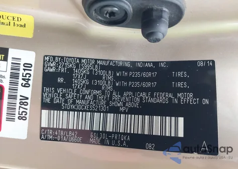 2014 Toyota Sienna Xle V6 8 Passenger z USA, uszkodzony, nr VIN 5TDYK3DCXES521301